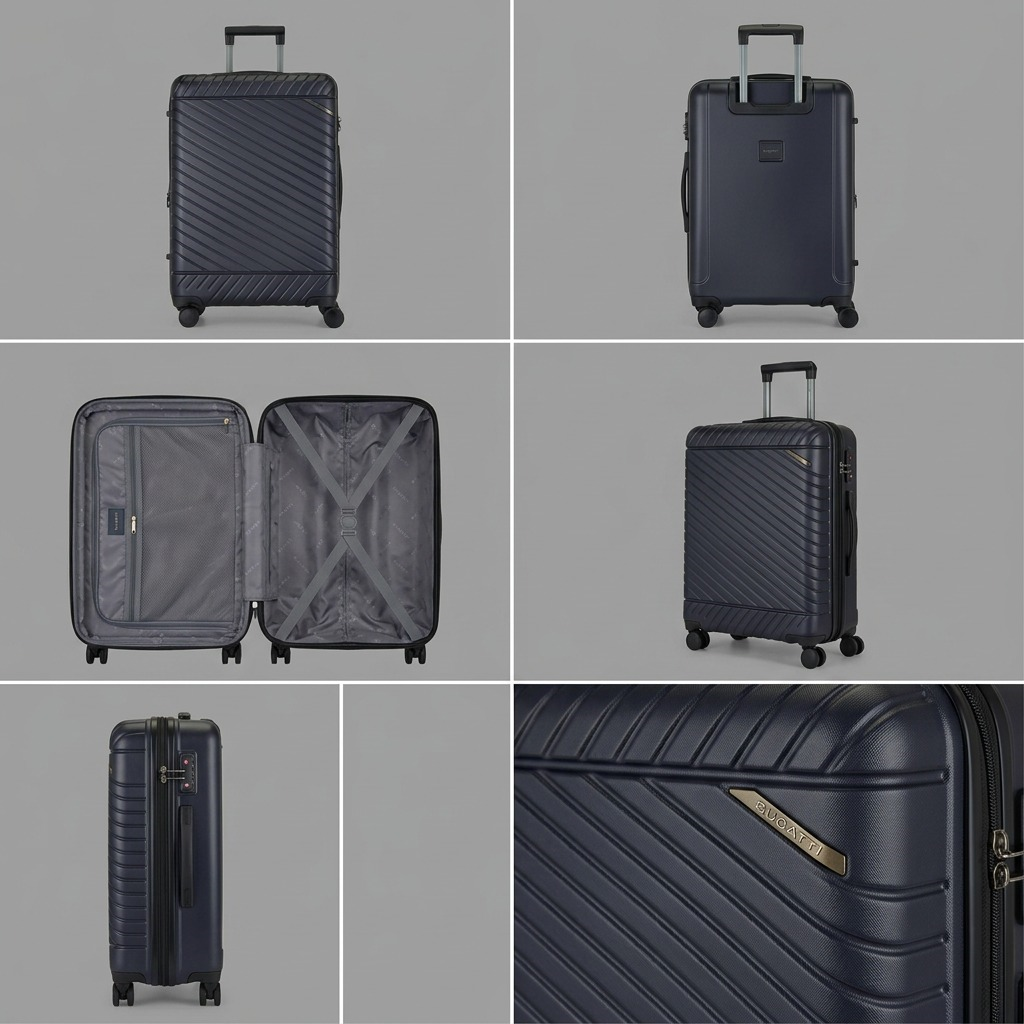 Bugatti Oslo 24-inch navy blue luggage matrix showing front, back, interior, and detail views.