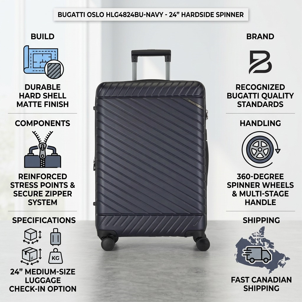 Bugatti Oslo 24 inch navy suitcase infographic highlighting hardshell build and spinner wheels.