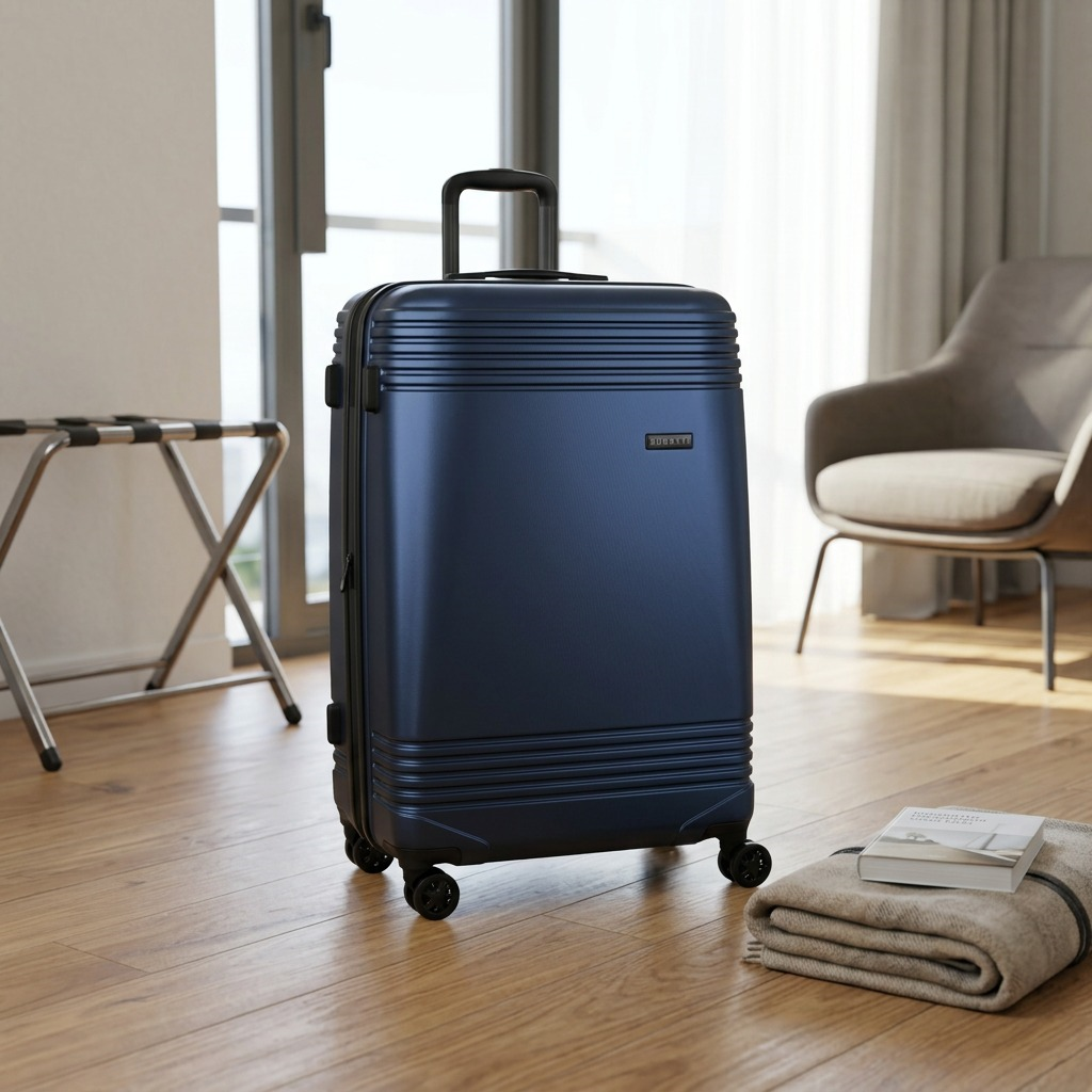 Navy Bugatti Nashville 28-inch hardside spinner luggage in a bright, modern hotel room setting.