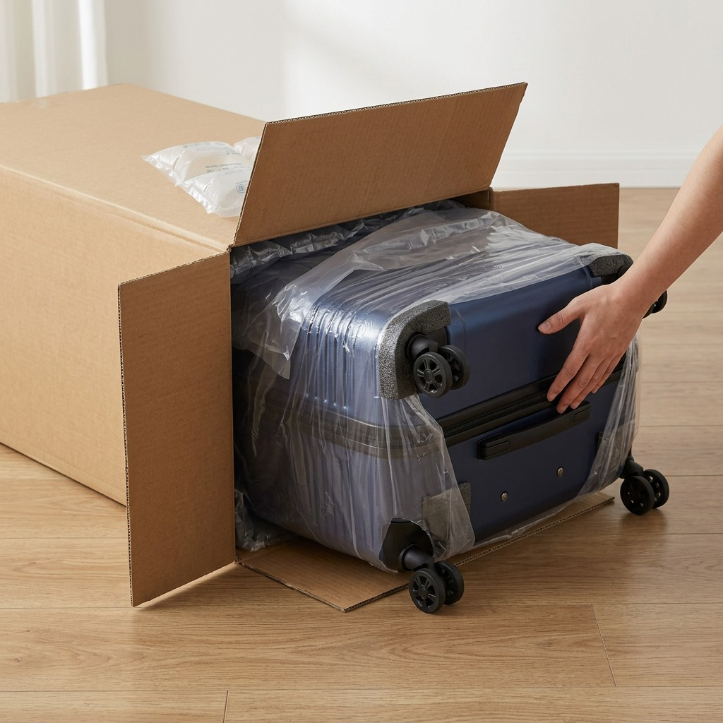 Bugatti Nashville 28-inch navy luggage being unboxed from a cardboard shipping box with protective air pillows and plastic wrap.