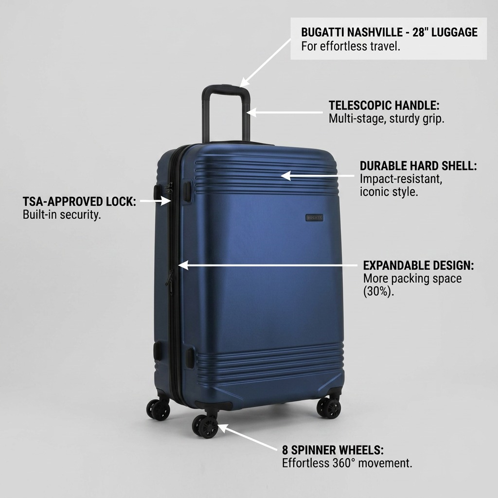 Navy Bugatti Nashville 28" luggage infographic highlighting the TSA lock, hard shell, and wheels.