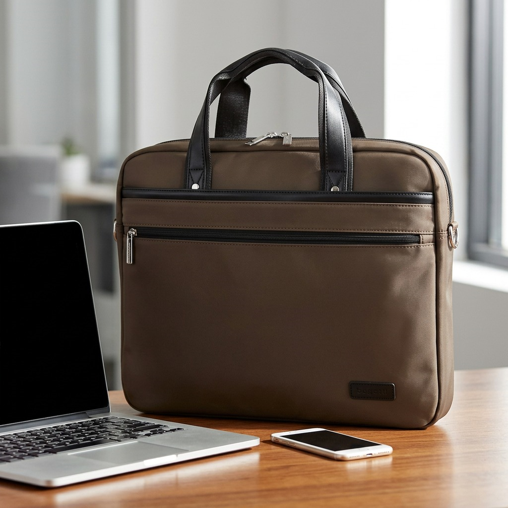 Khaki Bugatti Moretti briefcase displayed on a desk next to a laptop and smartphone for scale.