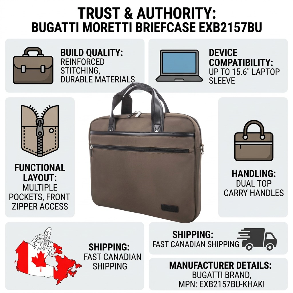Bugatti Moretti Briefcase infographic highlighting 15.6 inch laptop sleeve and fast Canadian shipping.
