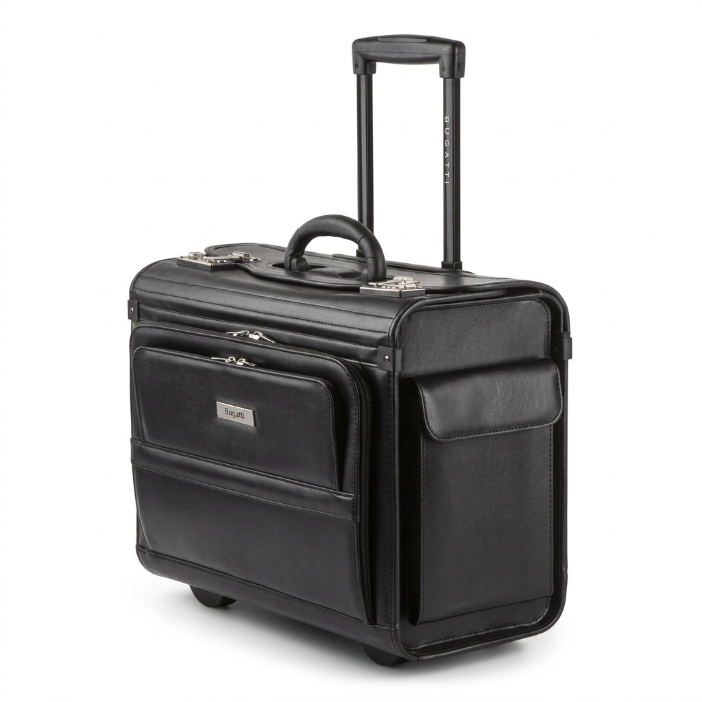 Bugatti Warren black leather rolling business case with retractable handle and dual combo locks.