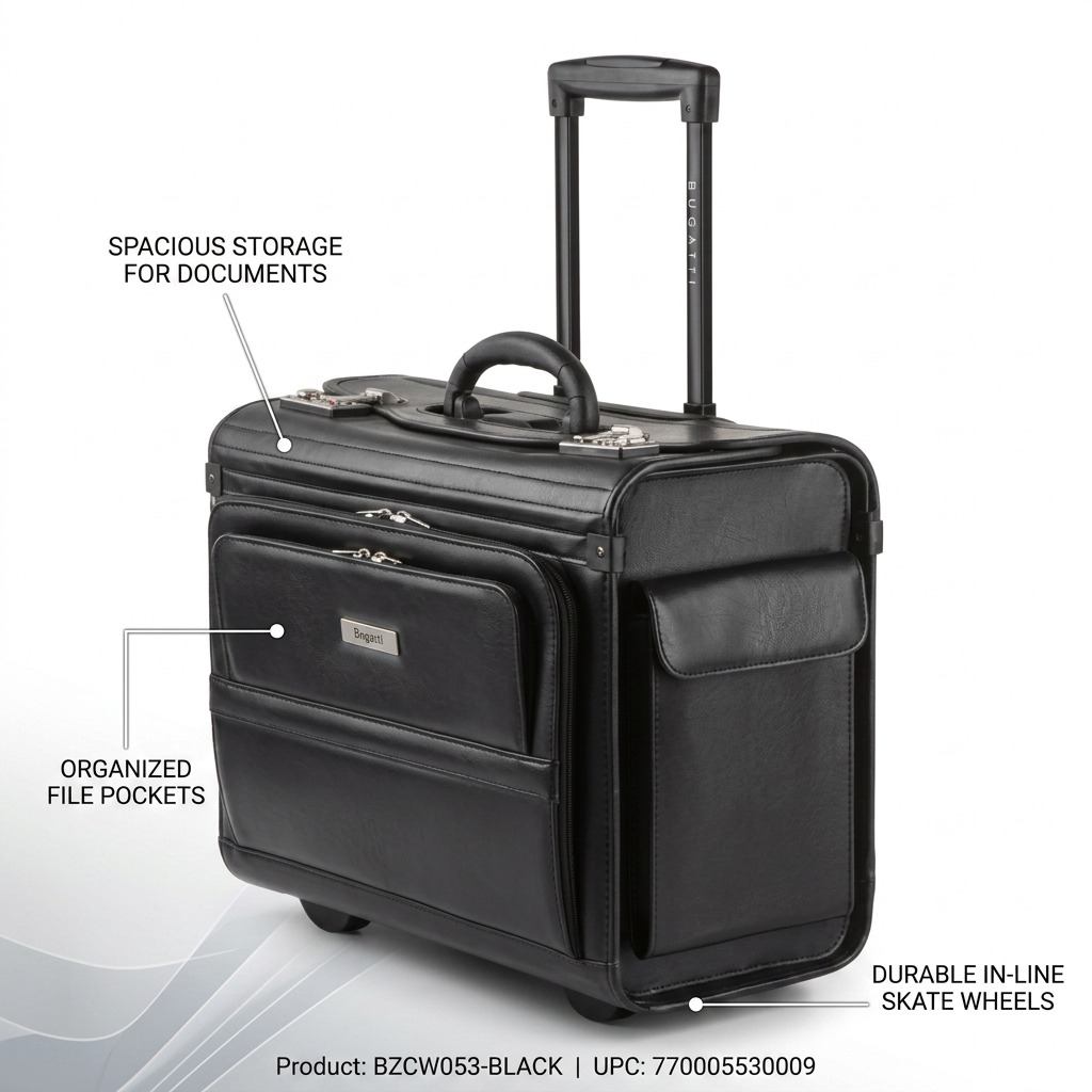 Black Bugatti Warren rolling business case with callouts for storage, file pockets, and wheels.