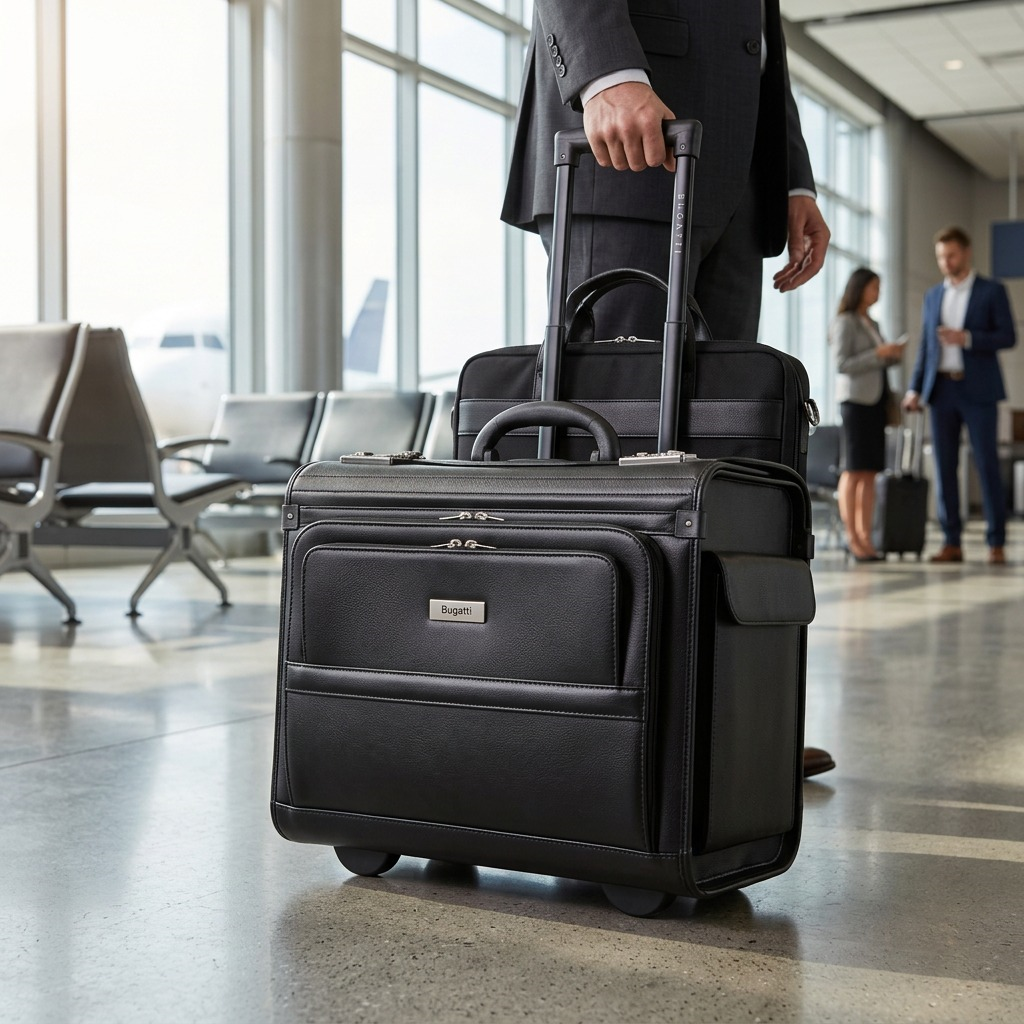 Person in a suit pulling the black Bugatti Warren Rolling Business Case through a bright airport terminal.