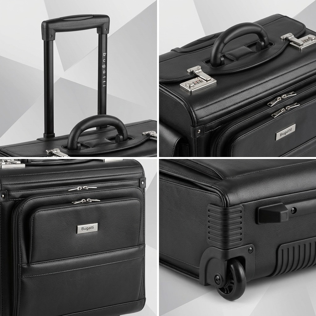 Four-panel grid showing the telescopic handle, combination locks, front pockets, and wheels of the Bugatti Warren Rolling Business Case.