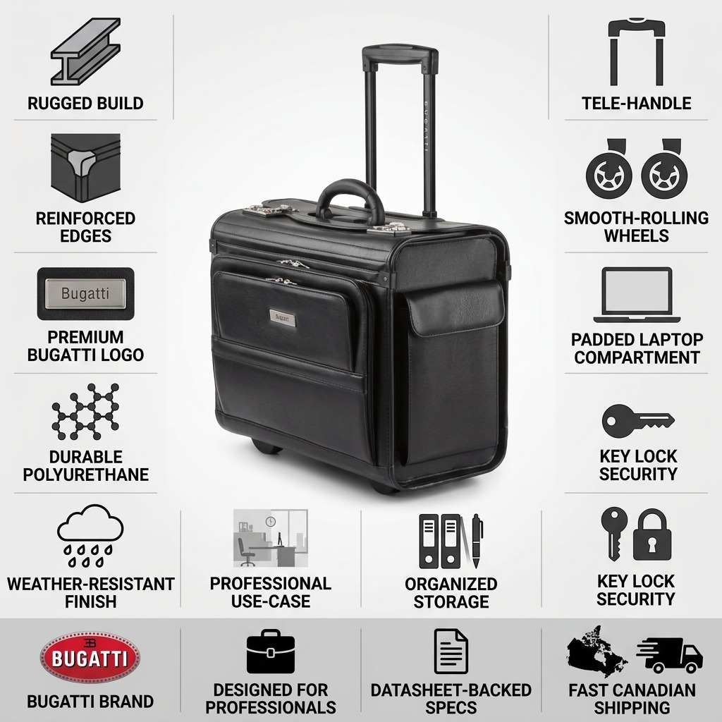 Infographic for the Bugatti Warren Rolling Business Case, highlighting its durable build, laptop compartment, and security.
