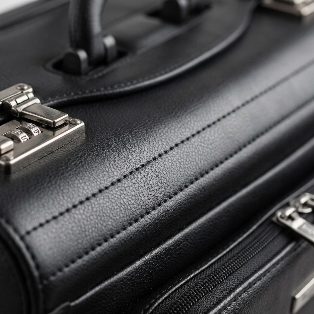 Macro detail of the Bugatti Warren Business Case showing black textured material and combo lock.
