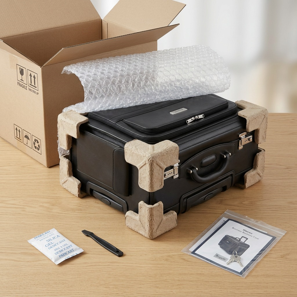 Unboxing of the Bugatti Warren Rolling Business Case showing protective corner pads and bubble wrap.