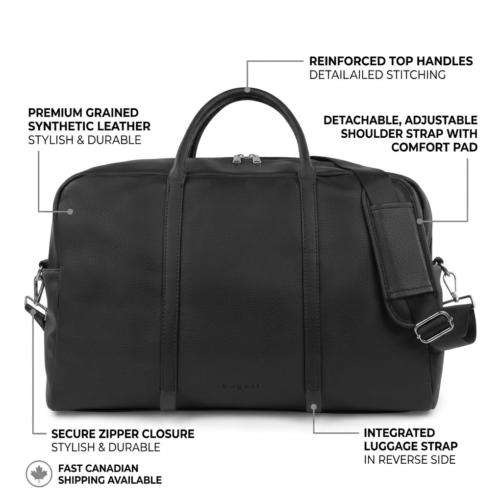 Bugatti Opera Duffle Bag features synthetic leather, reinforced handles, and a padded shoulder strap.