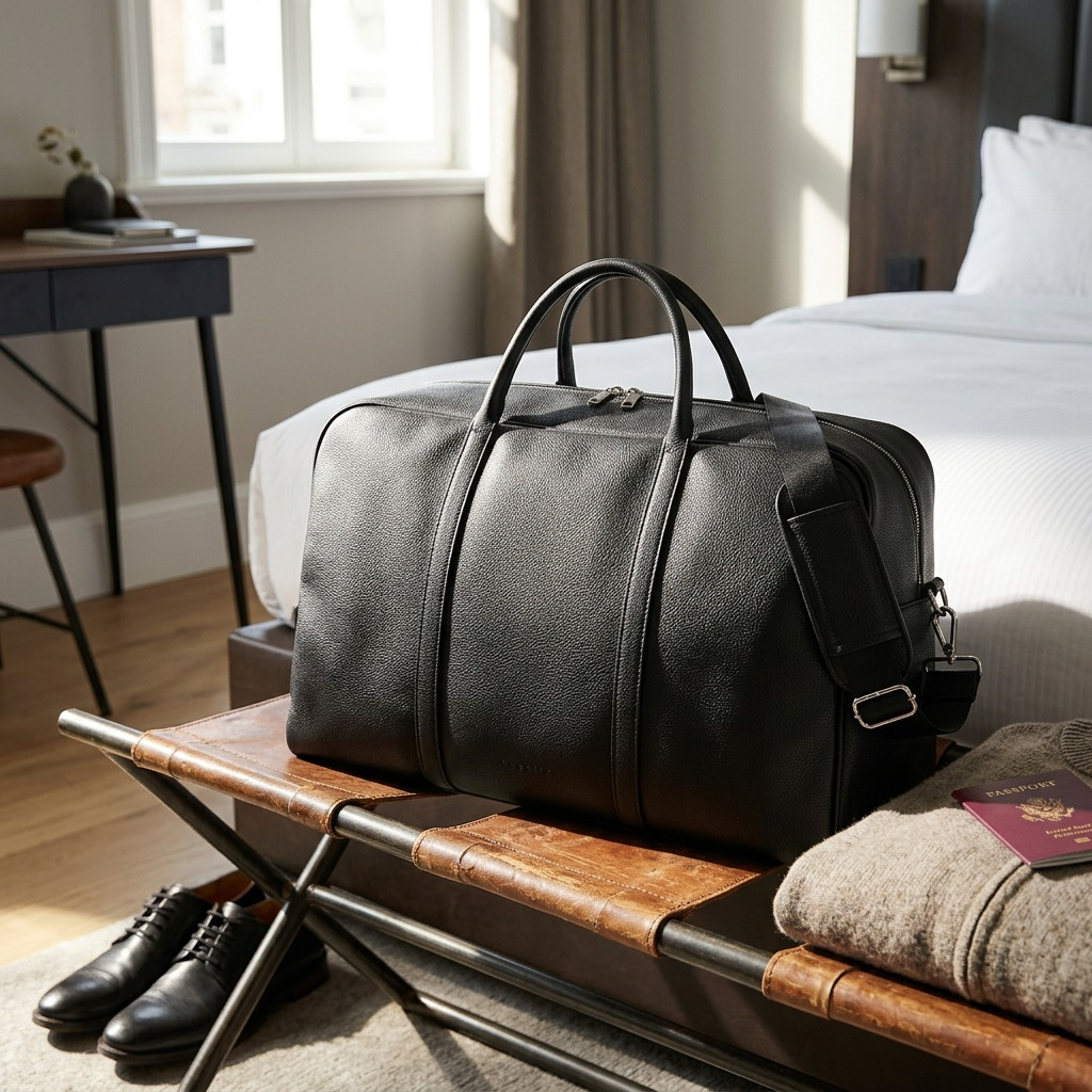 Black Bugatti Opera vegan leather duffle bag on a luggage rack in a bright hotel room.