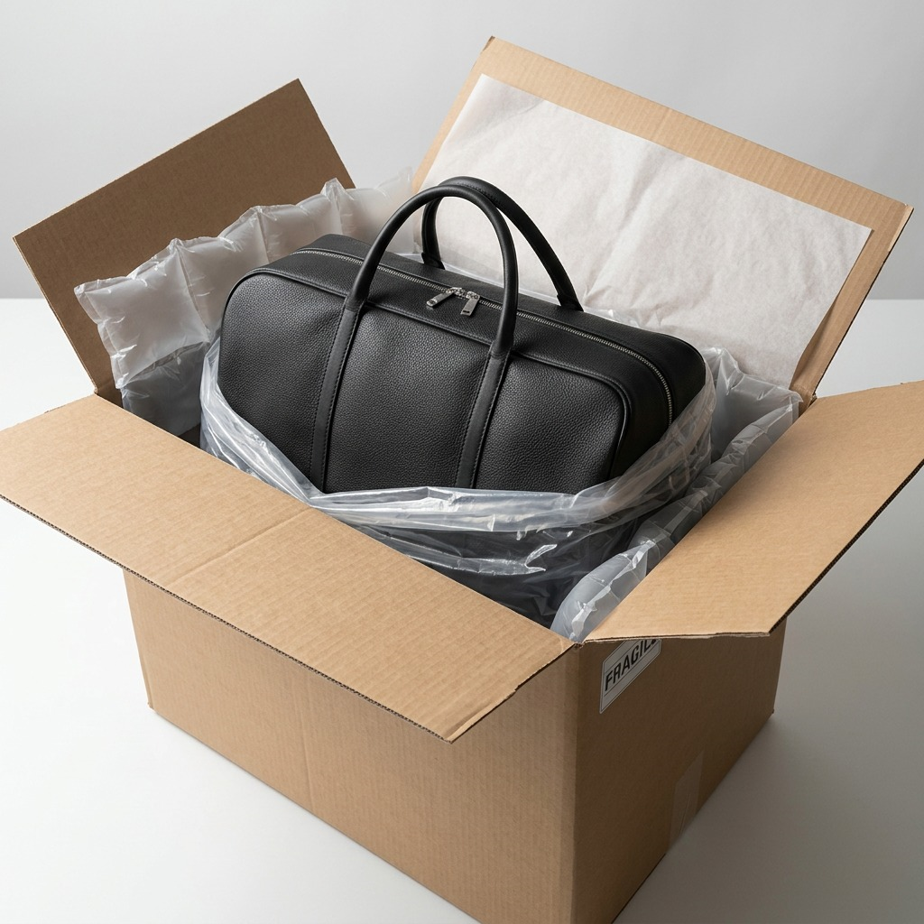 A black Bugatti Opera vegan leather duffle bag inside a cardboard shipping box with air pillows.
