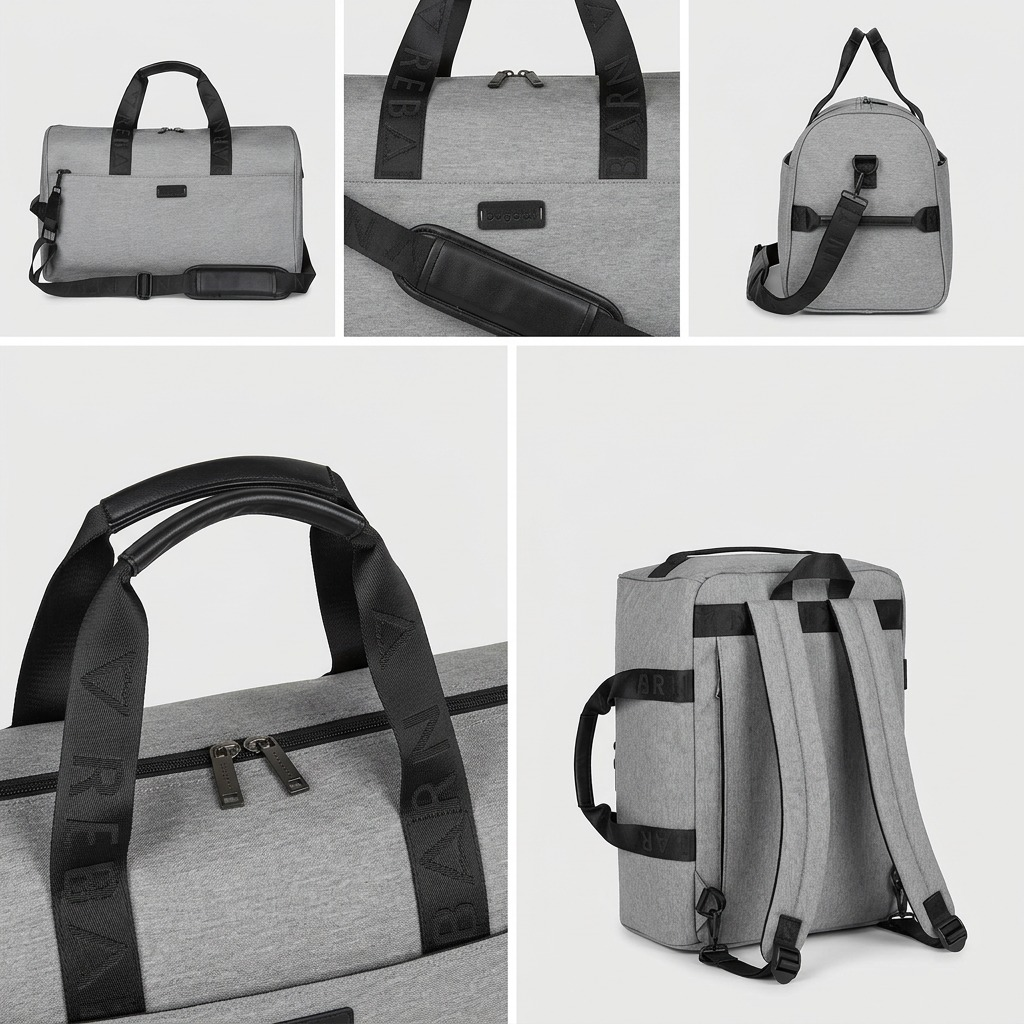 Bugatti Reborn grey 2-in-1 convertible duffle bag shown from multiple angles as a duffle and backpack.