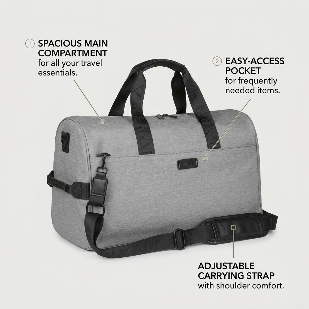 Features of the Bugatti Reborn grey convertible duffle, highlighting the main compartment and strap.