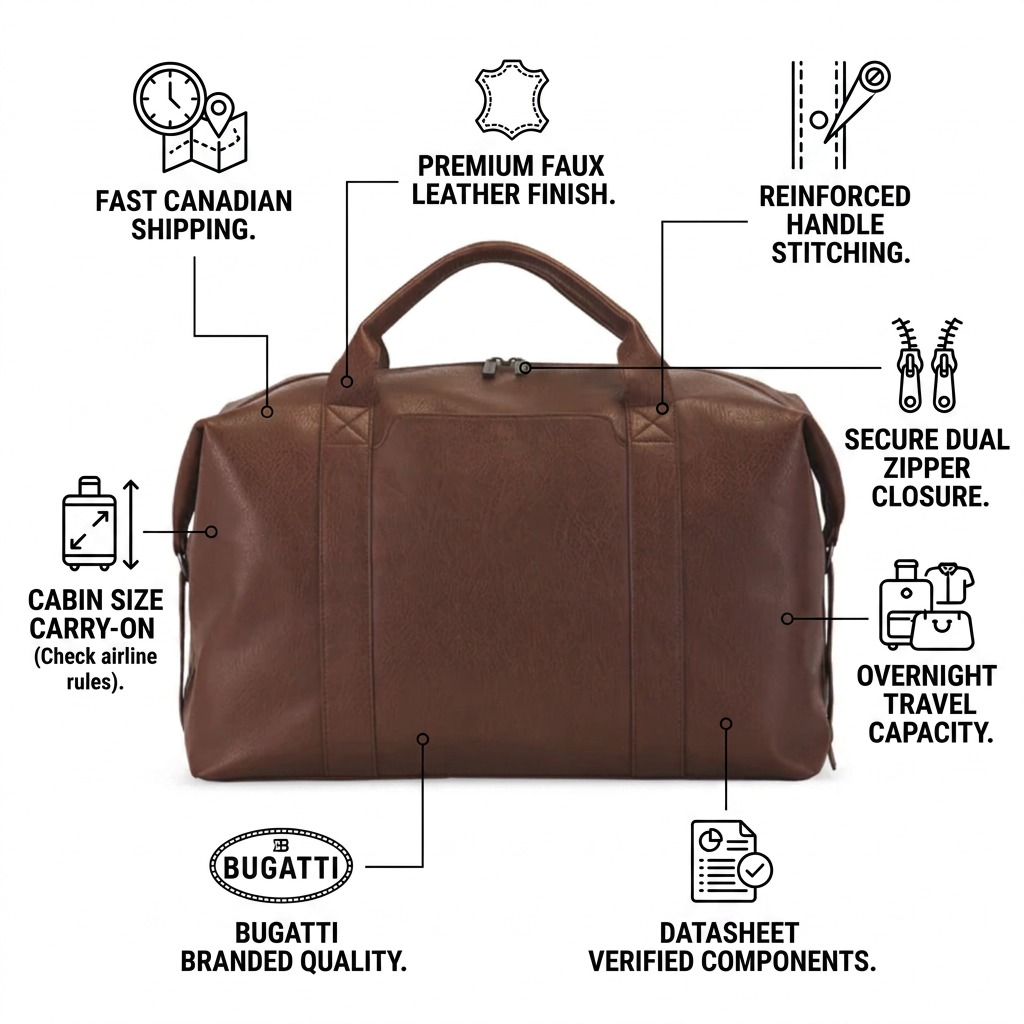 Bugatti Palermo Cognac duffle bag infographic highlighting vegan leather and Canadian shipping.