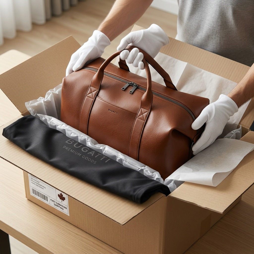 Bugatti Palermo Cognac vegan leather duffle bag being unboxed from a secure shipping package.