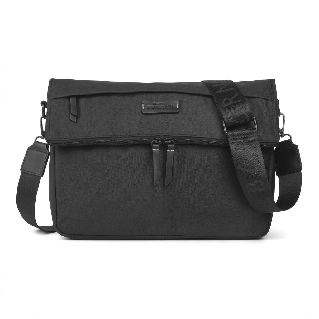 Bugatti Reborn black crossbody bag with adjustable shoulder strap and recycled rPET fabric.