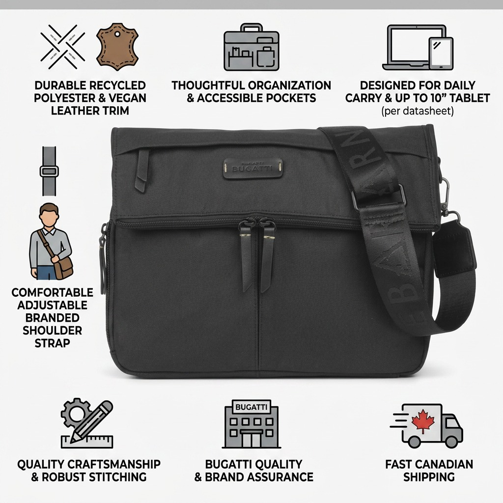 Infographic for Bugatti Reborn black crossbody bag highlighting recycled fabric and Canadian shipping.