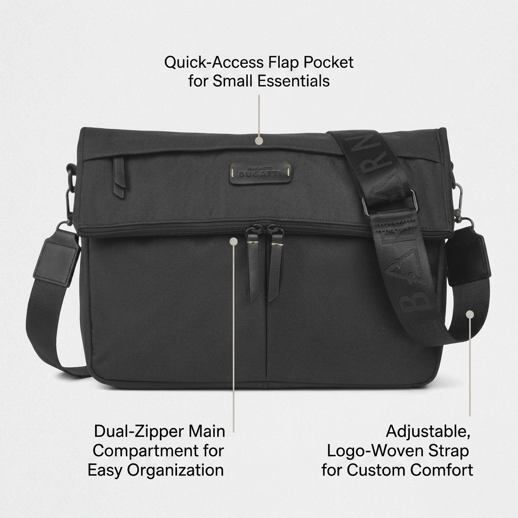 Black Bugatti Reborn crossbody bag showing quick-access pocket, dual zippers, and logo-woven strap.