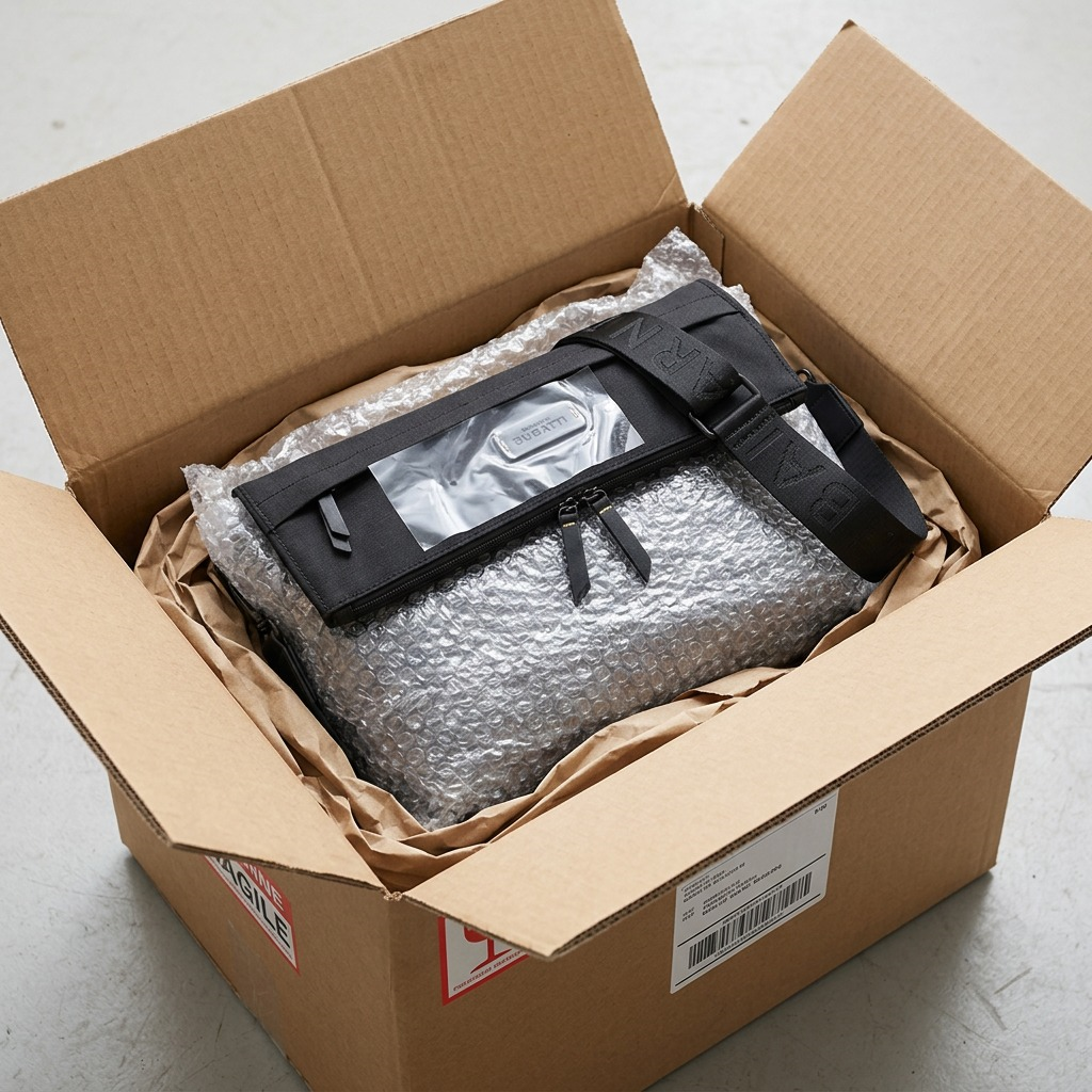 Bugatti Reborn black crossbody bag safely packed in a cardboard shipping box with bubble wrap.