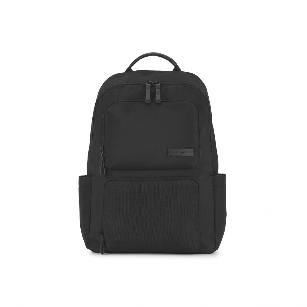 Front view of the Bugatti Madison black luxury 15.6 inch laptop backpack on a white background.