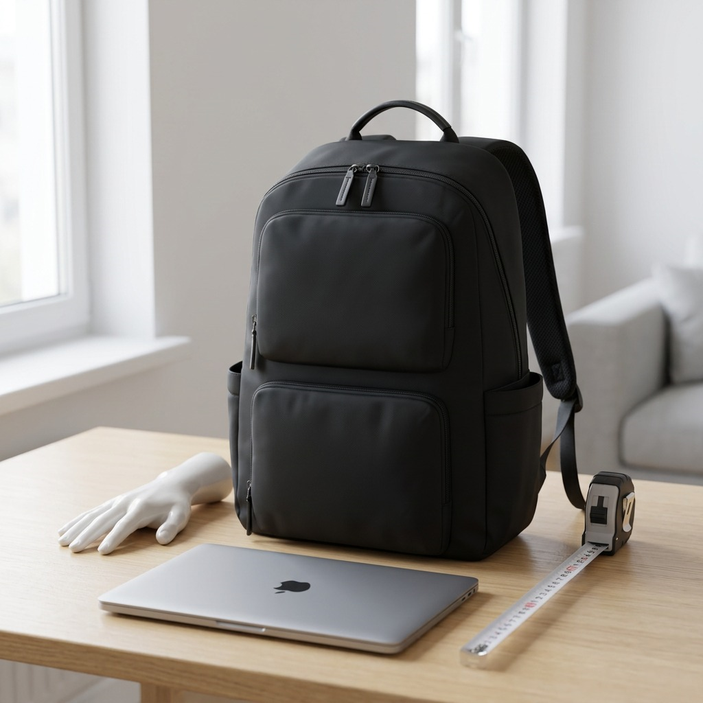 Bugatti Madison Backpack shown for scale on a desk next to a laptop and a measuring tape.