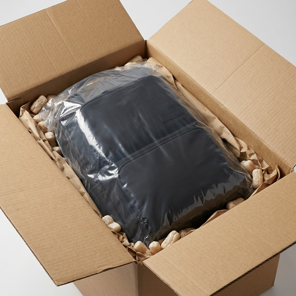 A black Bugatti Madison Backpack protected by a polybag and packing material in a cardboard box.
