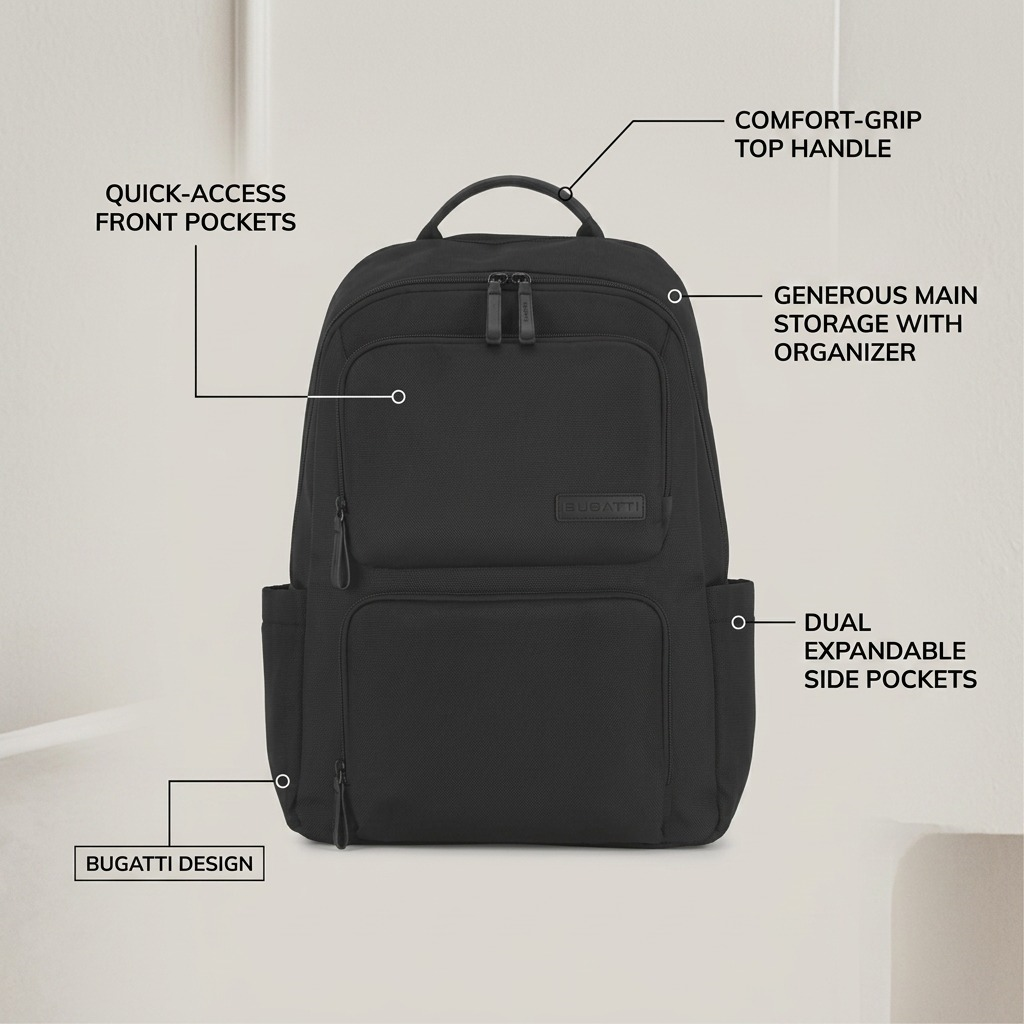 Bugatti Madison black backpack highlighting its comfort handle, front pockets, and main storage.
