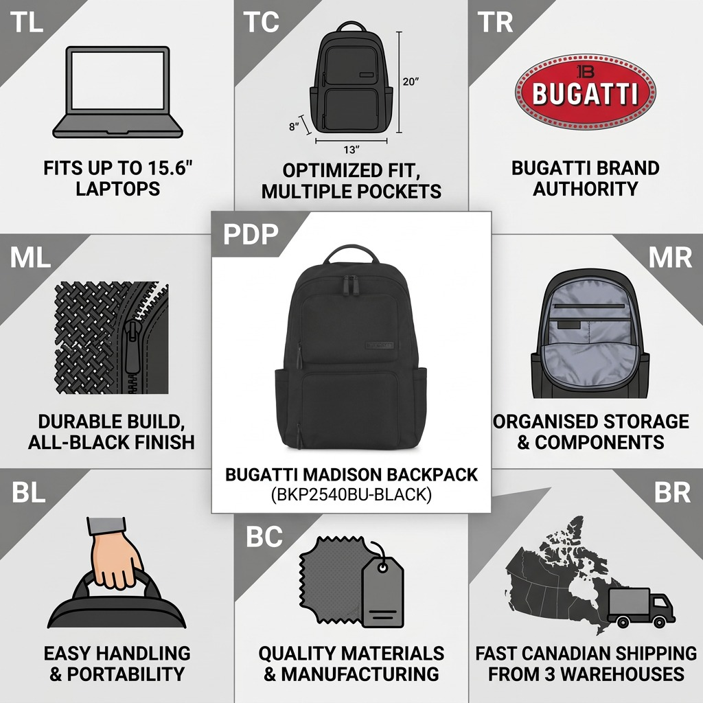 Infographic for Bugatti Madison Backpack BKP2540BU details: fits 15.6" laptops with fast Canadian shipping.