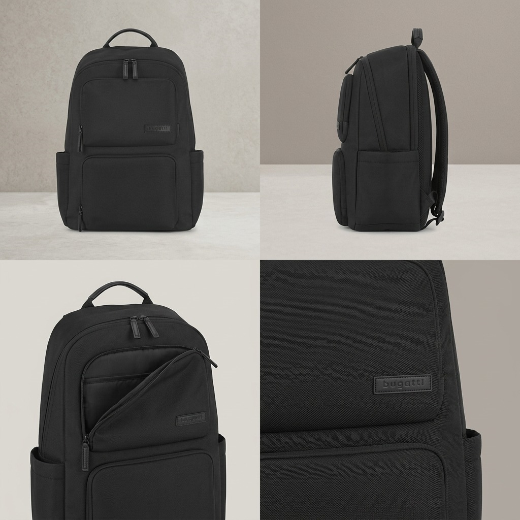 Grid view of the Bugatti Madison black backpack showing front, side, and open pocket details.