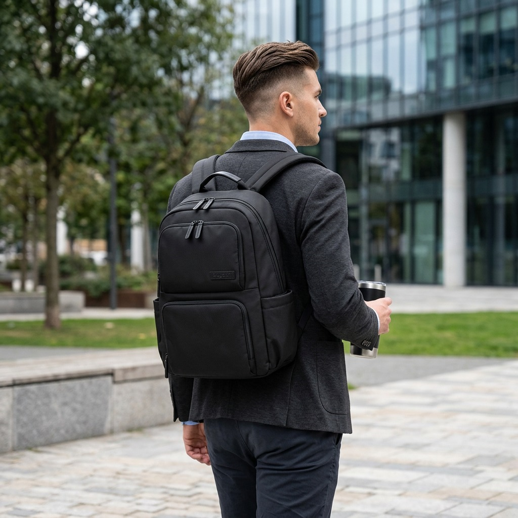 A professional in a charcoal suit wears the black Bugatti Madison Backpack while commuting.