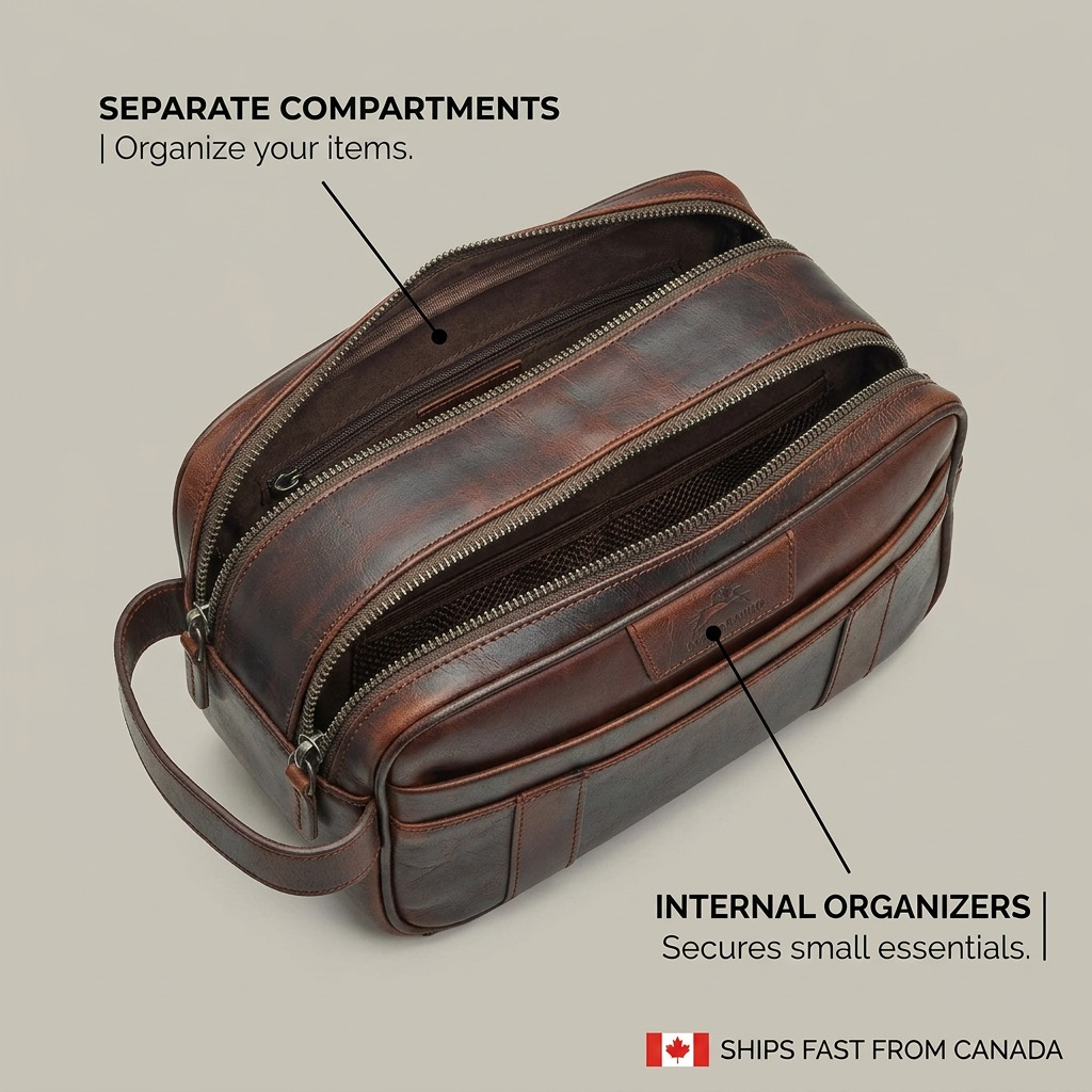An overhead view of the Mancini brown leather toiletry bag showing its interior compartments with callouts.