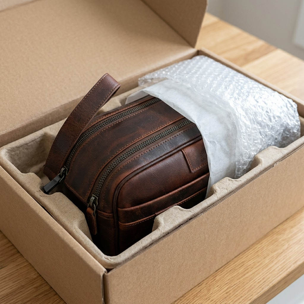 Alt Text: Premium brown buffalo leather toiletry bag half-unwrapped from a secure shipping box.