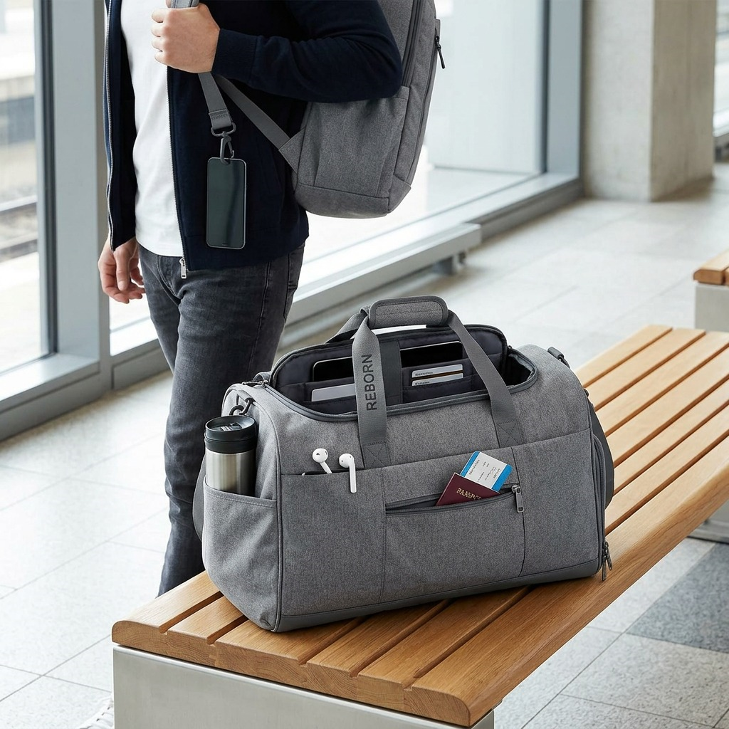 Bugatti Reborn grey 2-in-1 convertible duffle bag and backpack in a modern airport terminal.