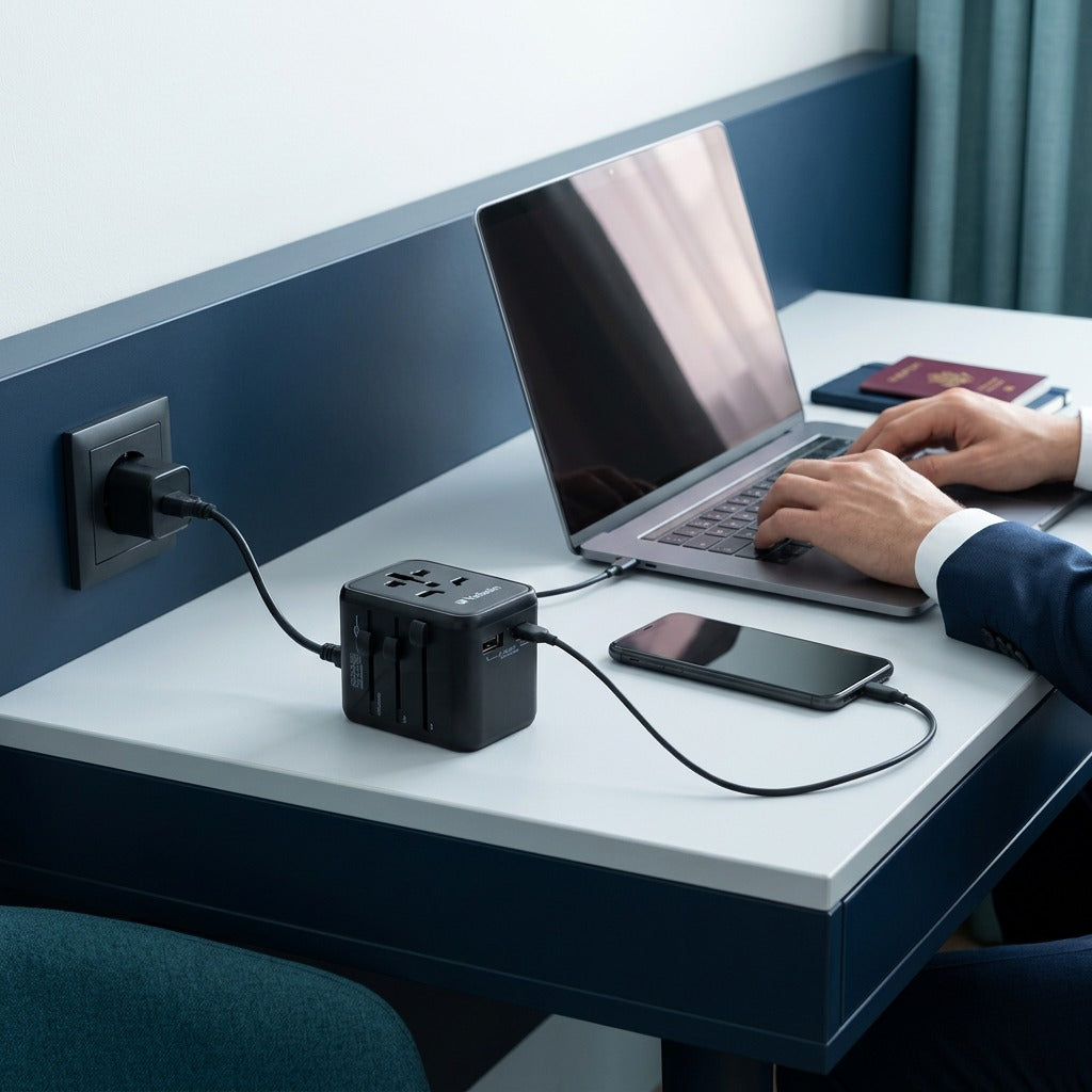 Verbatim Universal Travel Adapter UTA-01 charging a laptop and smartphone on a hotel room desk.