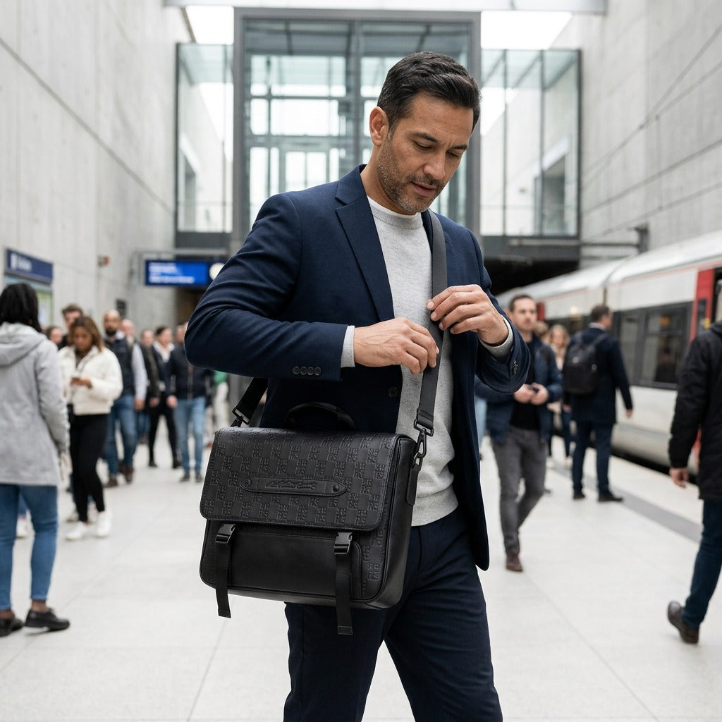 Professional in a navy suit carrying the black leather Bugatti Rolling Stones messenger bag.