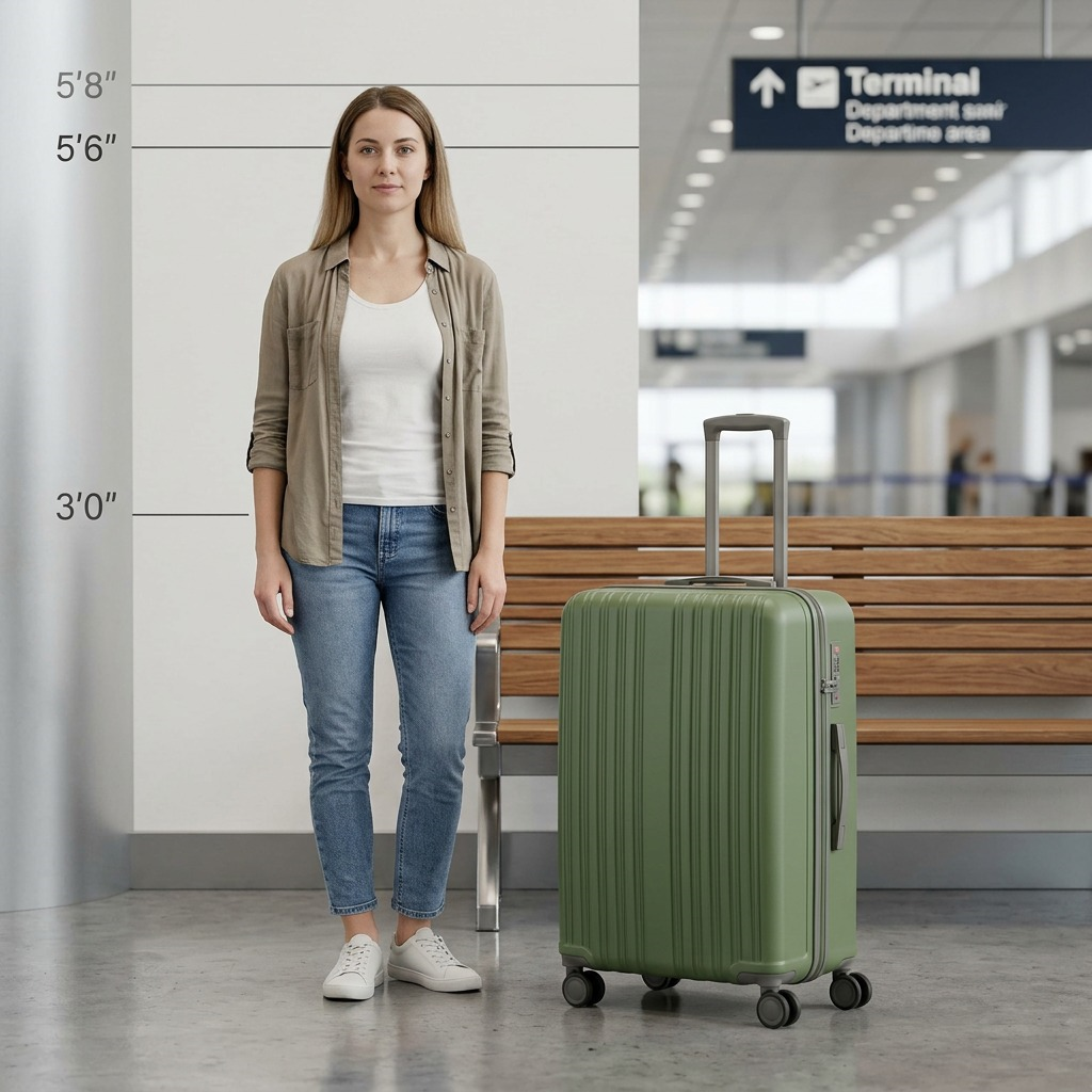 Scale reference: Dark green Bugatti Birmingham 28-inch spinner suitcase shown next to a 5&