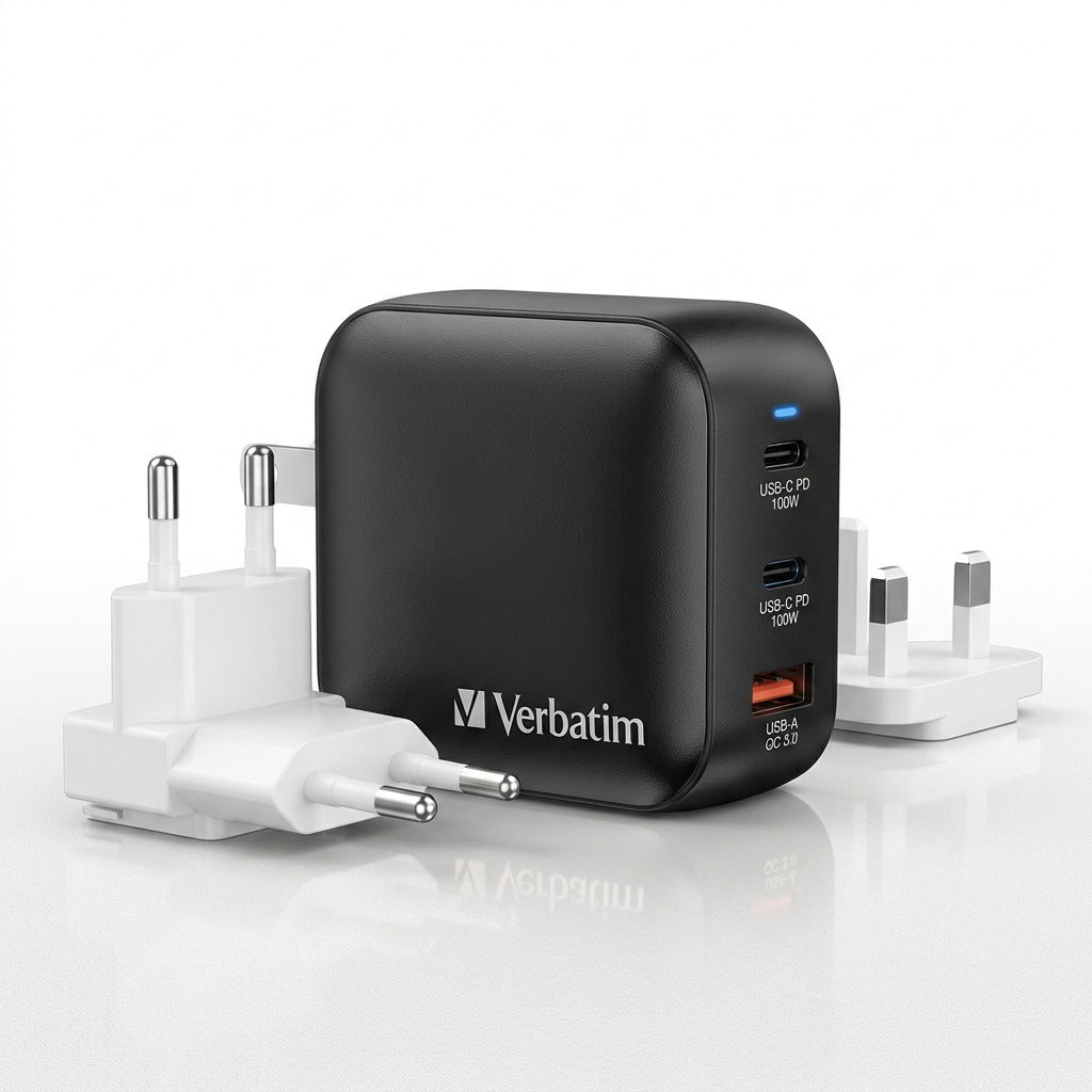 Verbatim 100W Mini GaN Charger in black with interchangeable EU and UK travel plug adapters.