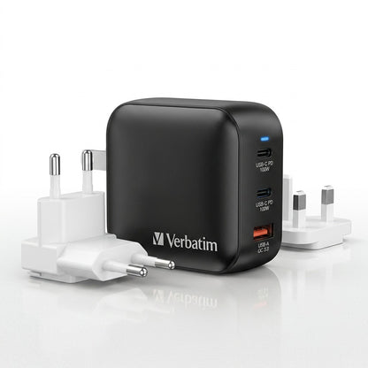 Verbatim 100W Mini GaN Charger in black with interchangeable EU and UK travel plug adapters.