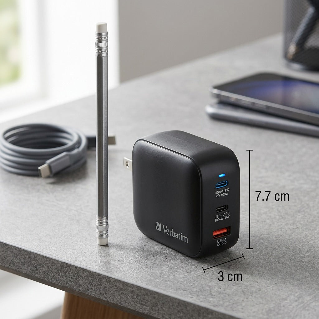 Verbatim Mini GaN Charger (100W) shown beside a pencil for scale, measuring 7.7 cm tall.