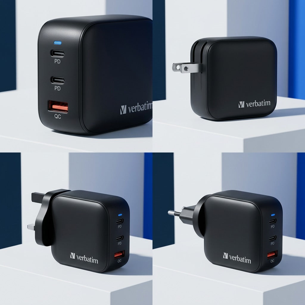 Verbatim 100W Mini GaN Charger grid showing USB ports, integrated US plug, UK adapter, and EU plug.