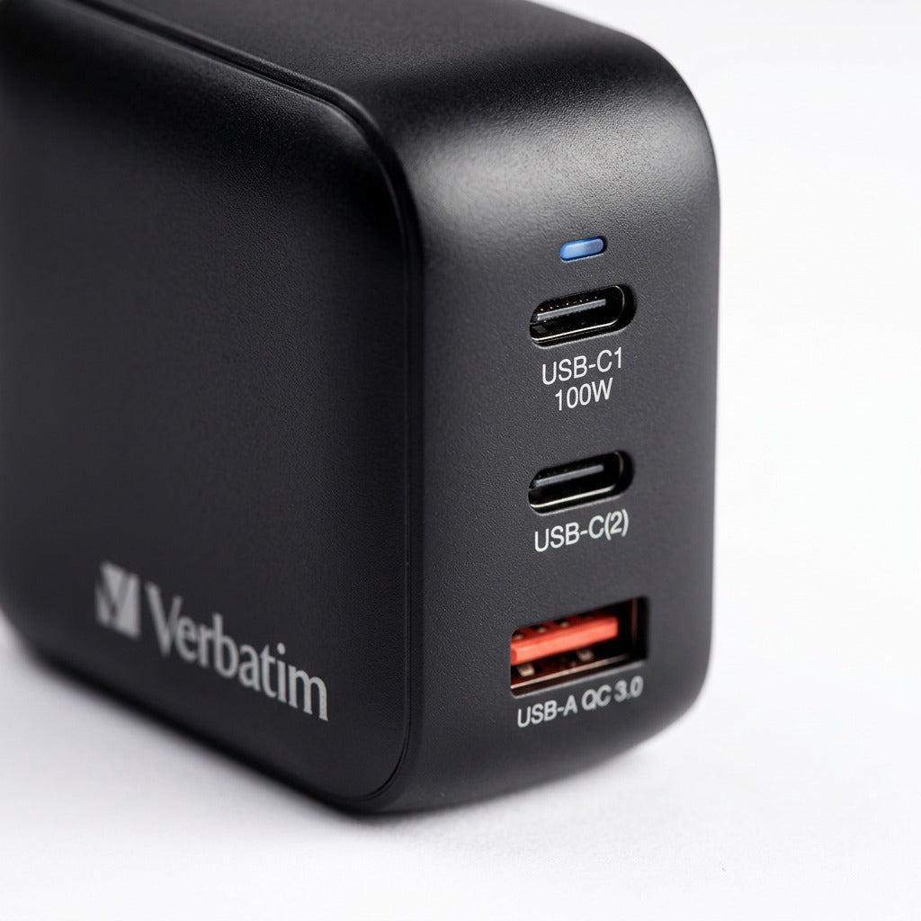 Macro detail of the Verbatim 100W Mini GaN Charger showing two USB-C ports and one USB-A port.