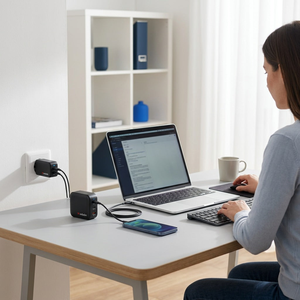 Verbatim Mini GaN Charger 100W at a home desk charging a laptop and smartphone simultaneously.