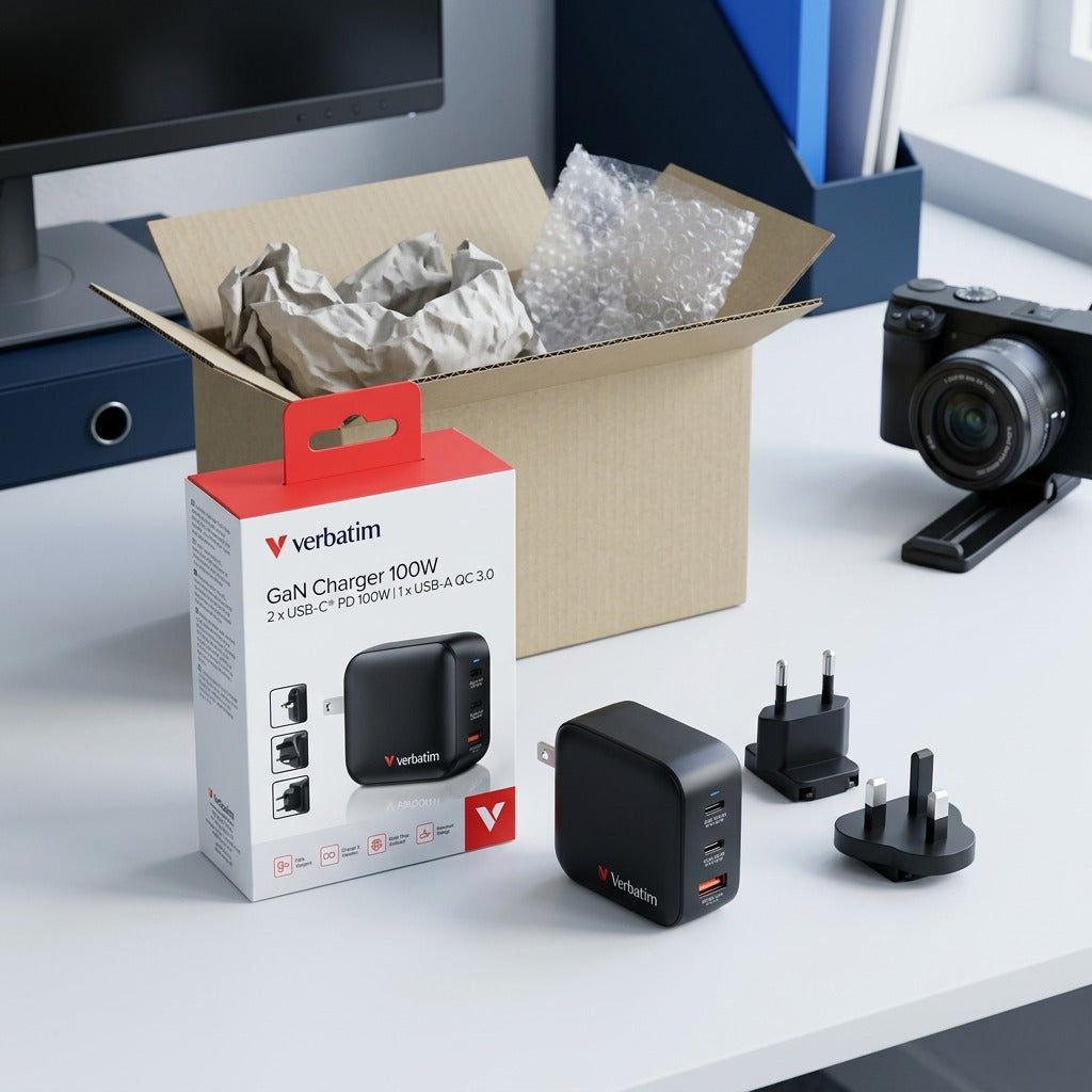 Verbatim 100W Mini GaN Charger unboxed with retail packaging and EU/UK travel plug adapters.