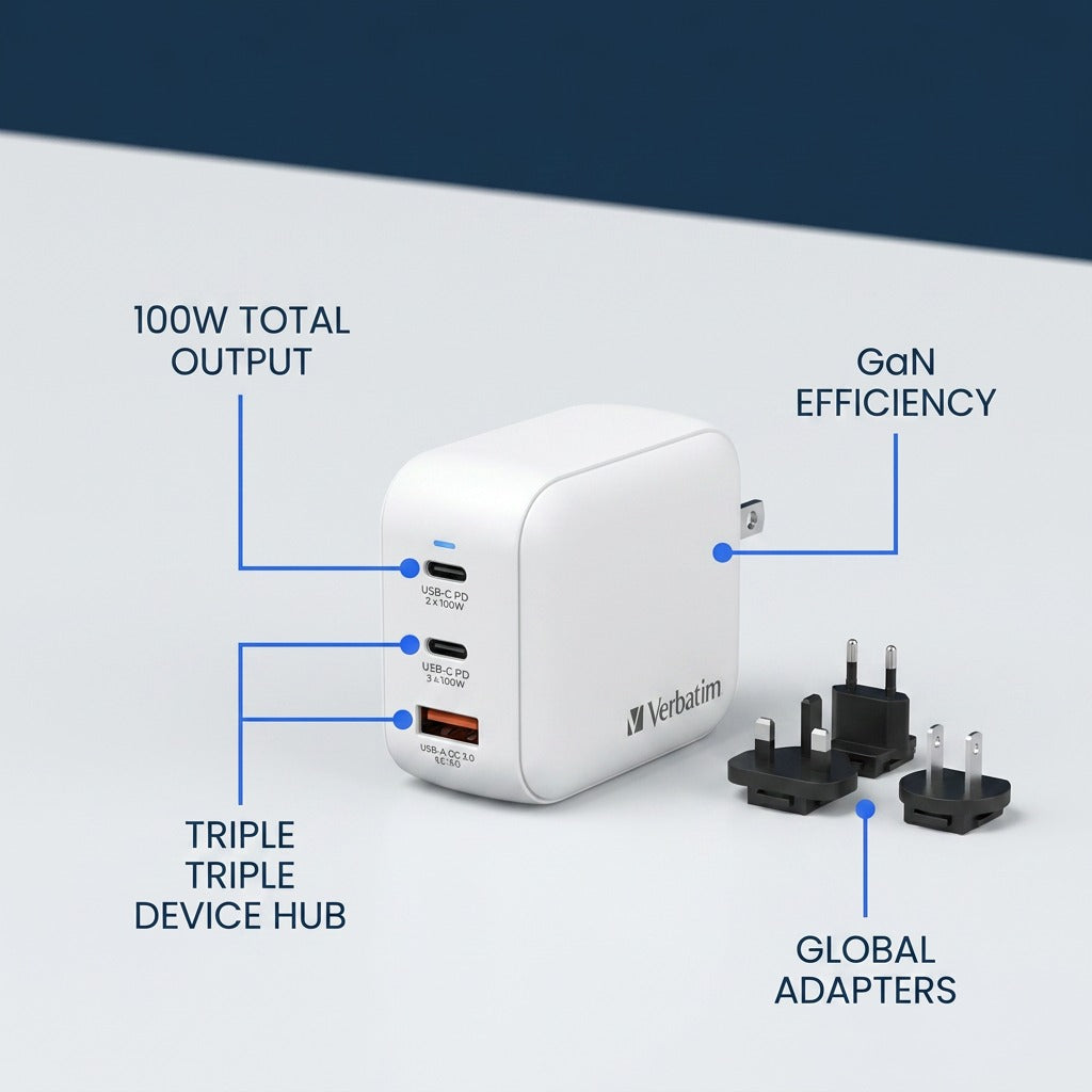 Verbatim 100W Mini GaN Charger featuring triple ports, compact design, and global travel adapters.