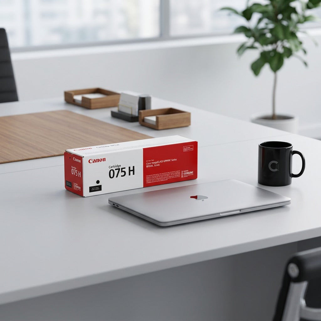 Canon 075H Toner box on a desk next to a laptop and coffee mug for scale reference.