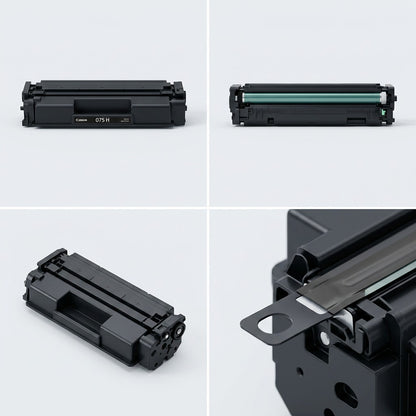 Four-panel view of a Canon 075 High Capacity Black Toner Cartridge showing front, roller, and seal.