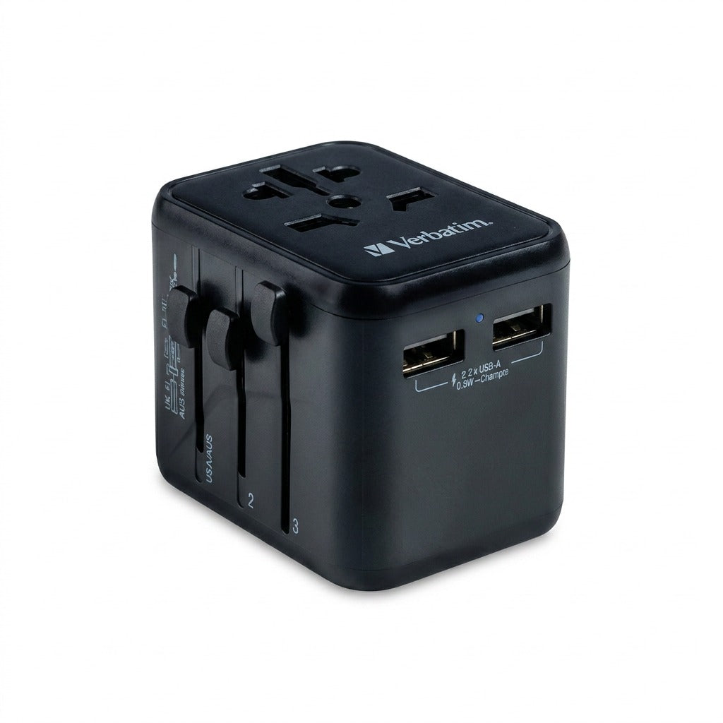 Verbatim UTA-01 Universal Travel Adapter in matte black, showing dual USB-A ports and sliders.