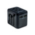 Verbatim UTA-01 Universal Travel Adapter in matte black, showing dual USB-A ports and sliders.